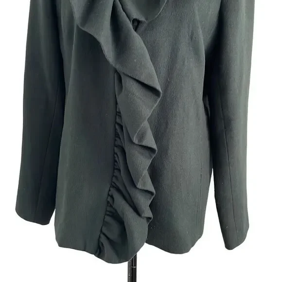 EUC Milly of New York Forest Green Wool Blend Ruffle Collar Trim Coat - Size 10 - Picture 7 of 11